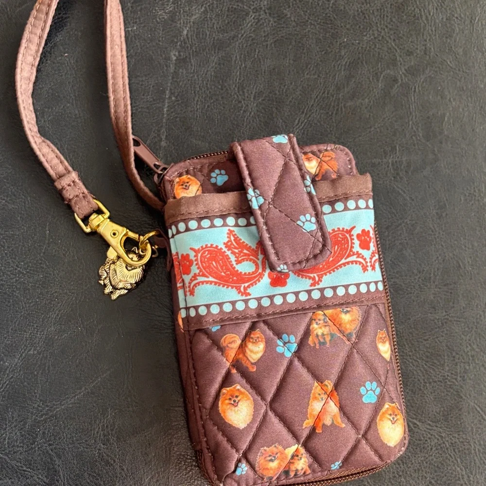 Brown Quilted Phone Pouch /wallet with Dog Print and Pomeranian dog charm